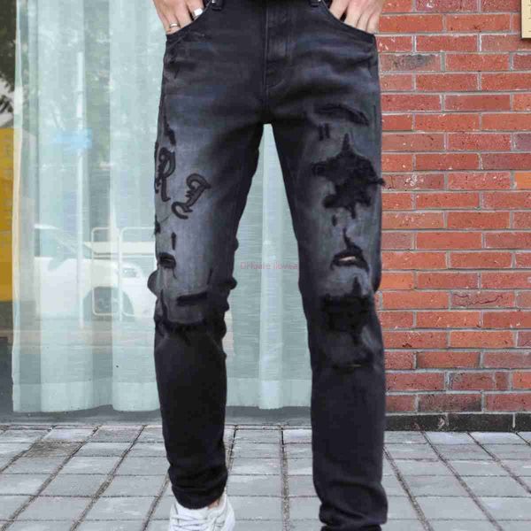 Jeans Ropa de diseñador Amires Jeans Pantalones de mezclilla Nueva moda para hombre Amies Jeans con parches rasgados con talle medio bajo Gris Negro Moda juvenil Pan