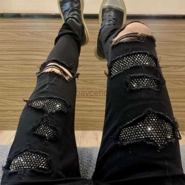 Jeans Designer Vêtements Jeans Denim Pantalon Black Diamond High Street Fashion Light Luxe Broken Hole Hot Diamond Wash Endommagé Mens Denim Pants 240308