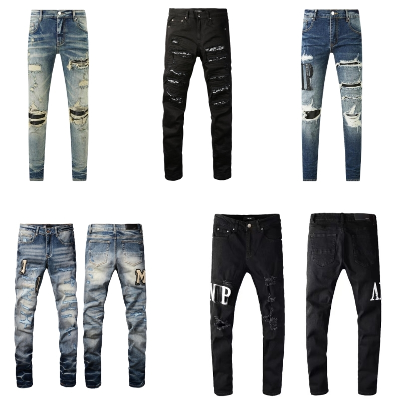 Джинсовые джинсы для мужской краски руина отверстие высокая улица мода высокая качественная черная перфорированная буква вышитая пластырь Slim Fit.