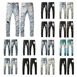Jeans designer jeans heren paarse merkjeans met gaten strakke pasvorm motorfiets mode splitsen met gaten slanke pasvorm en benen zichtbare amirs