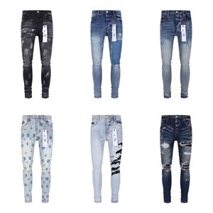 Paarse jeans voor heren Designer jeans met kwaliteit geborduurde gewatteerde scheur voor trendmerk vintage broek voor heren opvouwbare slanke magere mode28-40