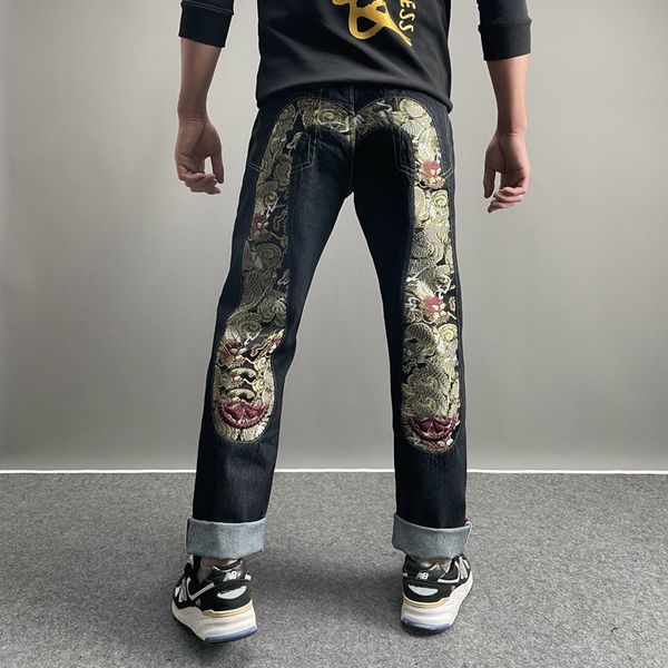 Jeans de styliste pour hommes, grands jeans amples brodés, taille haute, tube droit, jambes larges, long bord, taille de rue, 406