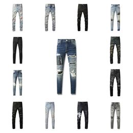 Jeans Designer Mens Purple High Street Hole Star Star Patch Mens Womens Star Panneau Panneau Stretch Slim-Fit Pantal