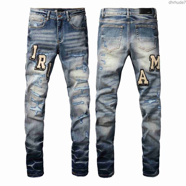 Jeans Diseñador para hombre Púrpura High Street Hole Star Patch Mujeres Amirs Panel de bordado Pantalones Stretch Slim-fit Pantalones Calidad SBK3