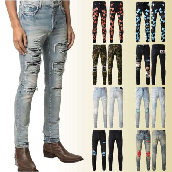 Jeans desgastados rasgados flacos para hombre motocicleta moto de algodón pies delgados High Street Denim azul claro pasta tela agujero tamaño 40 pantalones hip hop mensml