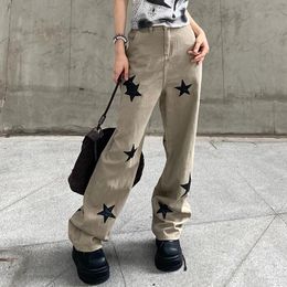 Jeans Dourbesty Y2k Pantalon droit vintage pour femme ample décontracté imprimé étoiles jambes larges avec poches streetwear esthétique