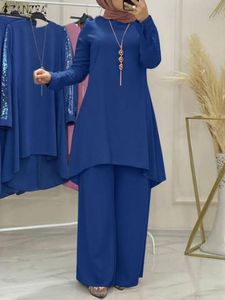 Jeans Eid Ramadan Muslim Matching Sets Parns Abaya Set Zanzea Turkse lange blouse Casual broek Pakken Dubai Kaftan Islamitische kleding