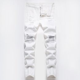 Jeans pour garçons européens et américains, pantalons Jeans décontractés en coton lavé, droits, déchirés, taille moyenne, blanc pur, 230923