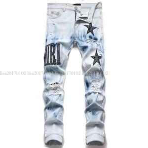 Jeans European Jean Men's Hombre Letter Star Men Men Embroderie Patchwork Ripped for Trend Brand Motorcycle Pant Mens Skinny
