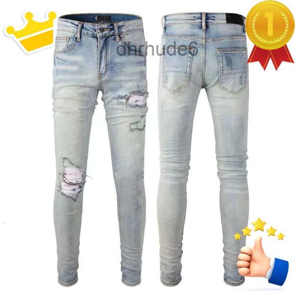 Jeans Européen Stack Purple Designer Jean Hommes Broderie Quilting Ripped pour Tendance Marque Vintage Pantalon Mens Fold Slim Skinny Fashion S 7YOQ