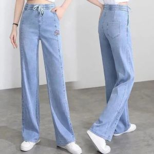 Jeans Mode Elasticiteit Rechte Wijde Pijpen Broek Jeans Vrouwelijke 2023 Lente Zomer Nieuwe Hoge Taille Sag Los Temperament Cowgirl Broek