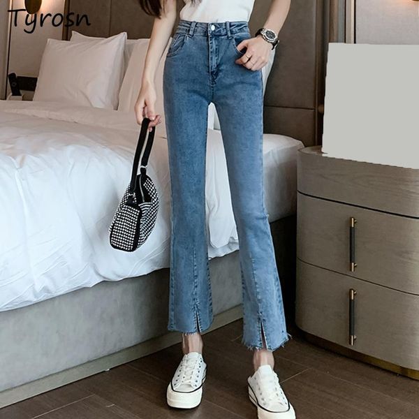Jeans Mode jean femmes taille haute maigre Allmatch loisirs Simple pur Style coréen dames Empire nouveau Frontslit Flare pantalon été