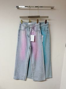 Jeans femme designer dégradé bleu rose capris jeans pantalons longs jambe droite style de rue pour femmes teints en spray couleurs contrastées