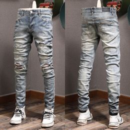 Jeans Fit Stretch Biker Design Denim voor Mens Slim Painted Patch Trim Leg Cowboybroek Male DD7A