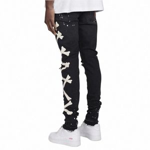 Jeans pour hommes 2022 Couleur dégradé Ripped White Dots Jeans Homme Motor Biker Skinny Jeans Homme Vêtements pour hommes Zipper Denim Pantalon j9AA #