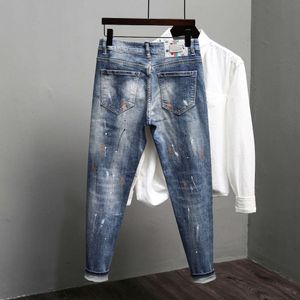 Jeans voor heren 2024, nieuwe Distressed Patch, Slim Fit, Straight Tube, Splashed Ink Amerikaans modemerk, veelzijdige lange lente- en herfstbroek