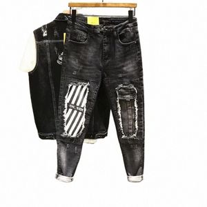 Jeans pour hommes Black Graphic Mens Cowboy Pants avec trous cassés déchirés imprimés déchirés Grunge Y2k Harajuku Summer Stretch XS Pantalons D20K #