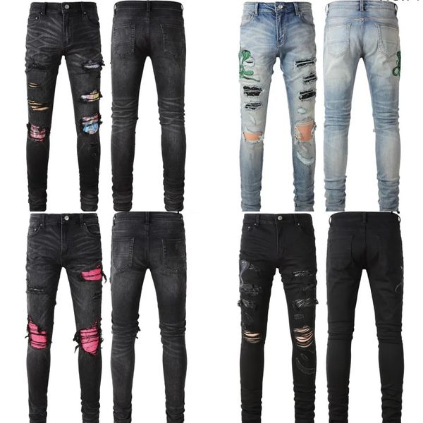 Jeans para hombres jeans de diseñador jeans ajustados Biker White Long Rip ripped Rips Moda Slim Fit Recto Agujero desgastado Motocicleta Hombre Pantalones de mezclilla elásticos