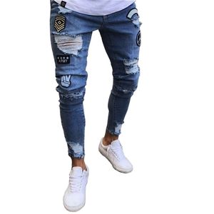 Jeans pour hommes en détresse déchiré hommes streetwear hip hop appliques pantalon crayon plus taille pleine longueur denim pantalon mâle pantalon 210331