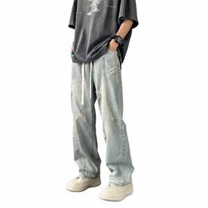 Jeans voor mannen lichtblauwe mannelijke cowboybroek gescheurde broek wijde pijpen gebroken met gaten gescheurd streetwear recht Y 2k Vintage Kpop g4yu#