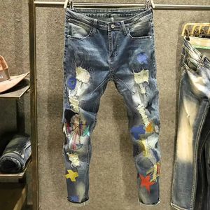 Jeans voor mannen patches mannelijke cowboybroeken met zakken broek ster taps toelopende losse retro zomer 90s streetwear mode casual 240419