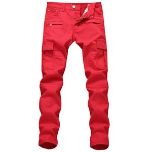 Jeans pour hommes Skinny Slim Fit Red Spring 2021 Nouveau multi-poches Designer Streetwear Hip Hop Denim Pantalon Patchwork Pantalon pour hommes X0621