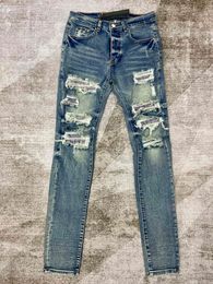 jeans pour hommes jeans empilés hommes Denim vintage bien porté INDIGO ITALIAN STRETCH DENIM SUEDE PATCHS AUX GENOUX Jean en denim à braguette boutonnée patché et détruit
