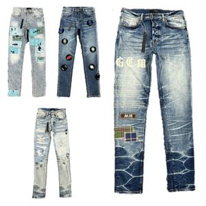 Jeans voor heren Paarse jeans Broeken voor heren Designer Scratch Vintage Gestreepte wassing Destroyed Patched Goed gedragen vintage denim KLASSIEK Zwarte jeans met skinny pijpen