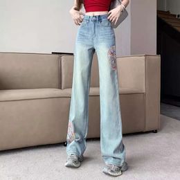 Jeans voor vrouwen in het voorjaar van 2024 Nieuwe Chinese stijl geborduurde rechte beenbroek in Chinese stijl gewassen