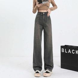Jeans voor vrouwen in de lente/zomer 2024 met een slanke taille en benen rechte en licht wijd uitlopende broek cementgrijs smal gesneden rechte been broek