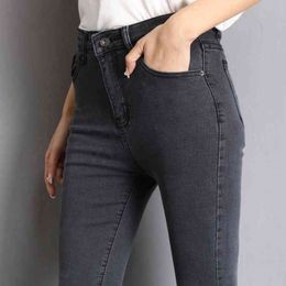 Jeans pour femmes maman Jeans bleu gris noir femme haute élastique grande taille 40 Stretch Jeans femme Denim délavé Skinny crayon pantalon 210329