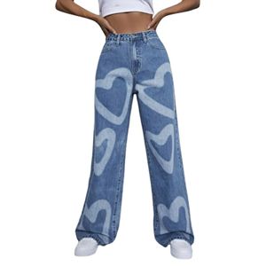 Jeans pour femmes grande taille Streetwear coeur imprime rue pantalon Cargo ample poches jean pantalon taille haute Stretch jean 240320