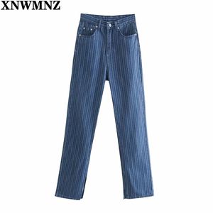 Jeans pour femmes rayé large jambe pantalon femme automne taille haute lâche mince tube droit harajuku pantalon fendu 210520