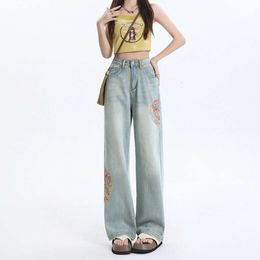 Jeans para mujer Nuevo 2024 Spring Estilo chino Pierna ancha Elegada Pierna recta Avinta y cortina como pantalones de trapeador de piso