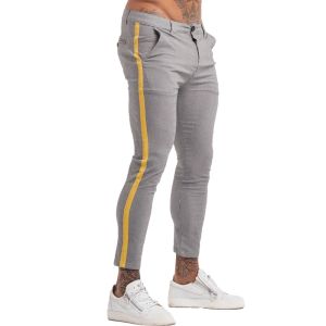 Jeans Gingtto Mens Brand Chino Pantalon Chinos Pantalon Grey Plaid Skinny pour hommes Stripe Side Stretchy Adapt Athletic Body ZM386