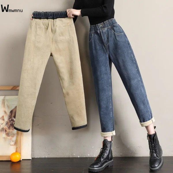 Jeans Girl Sweet Retro Elastic Taist Denim Pantalon Femmes Longueur de la cheville 2022 Nouveau pantalon d'hiver décontracté HARUKU Épaissir les jeans Baggy Fleece