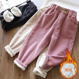 Girls' Corduroy Plush Warm Casual Pants, Loose Elastic Striped Velvet Pants for Autumn and Winter, 1-7 Years Old, 230904