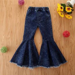 Jeans meisjes denim uitlopende broek kinderen elastische taille slanke rauwe zoom kinderen lange bel bodem broek herfst mode casual