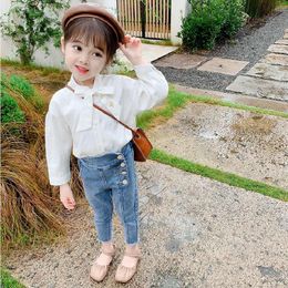 Jeans Girls Korean Styke 2023 Autumn Toddler Girl Solid Denim Slim Pants Fashion Fall Children Botton broek