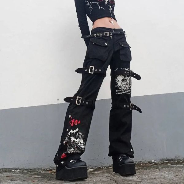 Jeans goth pantalon cargo noir pantalon cultivé pour femmes