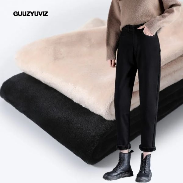 Jeans GUUZYUVIZ 2023 automne hiver Beige polaire sarouel taille haute Stretch Denim Baggy jean femme épais chaud velours noir