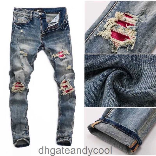 jeans Pantalon en denim de haute qualité Homme Amirres déchiré Jeans usé slim Designer fit petits pieds couleur claire tendance pantalon de lavage élastique H7V9