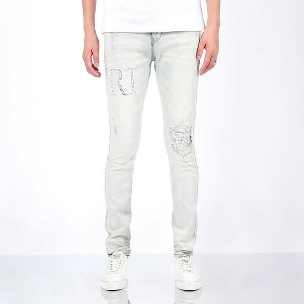 Jeans High Street Trendy Brand New AMR Light Color Hot Diamond Patch Jeans perforés pour hommes