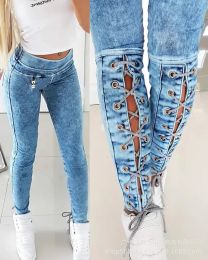 Jeans Taille haute à lacets jean moulant femmes pantalons Design couleur unie à lacets jean moulant décontracté bleu Denim pantalon 2022 été nouveau
