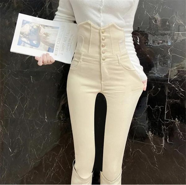 Jeans Taille haute Stretch jean moulant femmes coréen mince bouton mouche crayon Denim pantalon conception mode Beige Legging Vaqueros nouveau N254