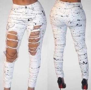 Jeans trou jeans peinture pieds pantalons femmes chaîne nouvelle rue hipster crayon pantalon femmes Jeans vente chaude mode d'été