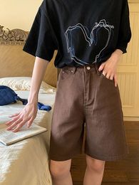 Джинсы HOUZHOU, винтажные коричневые мешковатые джинсы, шорты, женские корейские уличные прямые короткие джинсовые брюки с высокой талией, длина до колена, большие размеры