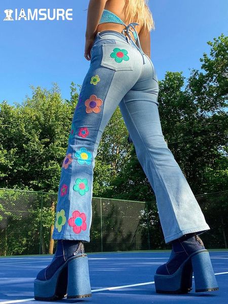 Jeans Iamsure Patch Designs broderie Flore Jeans Sweet Patchwork Denim Flare Tablers Casual High Waited Lig Leg Pantals Femmes 2021