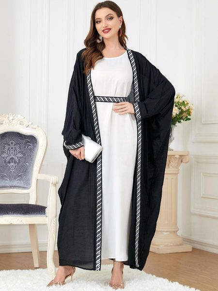 Jeans Islamic Clothing Sets Black Abaya + Sans manches blanches Robe satin de soirée Dubaï Dubaï Robe Saudi Femme musulmane tenue Ramadan Eid