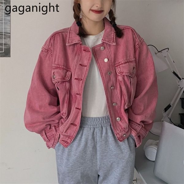 Jeans veste et manteaux pour femmes printemps solide rose décontracté court denim vestes coréen hauts dame streetwear 210601